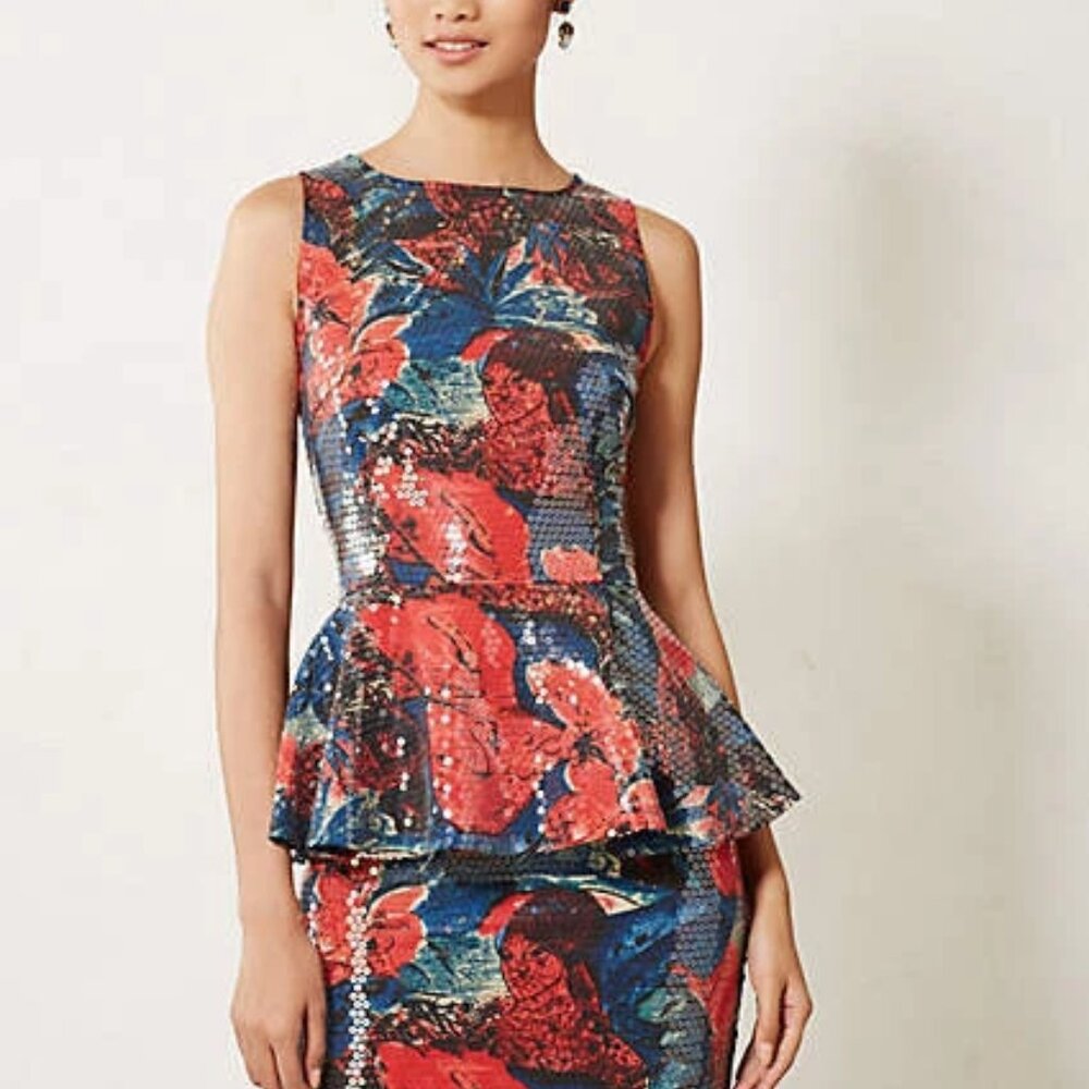 Anthropologie by Wolven "Sugared Fleur Peplum Top" Blouse and Skirt Size 0